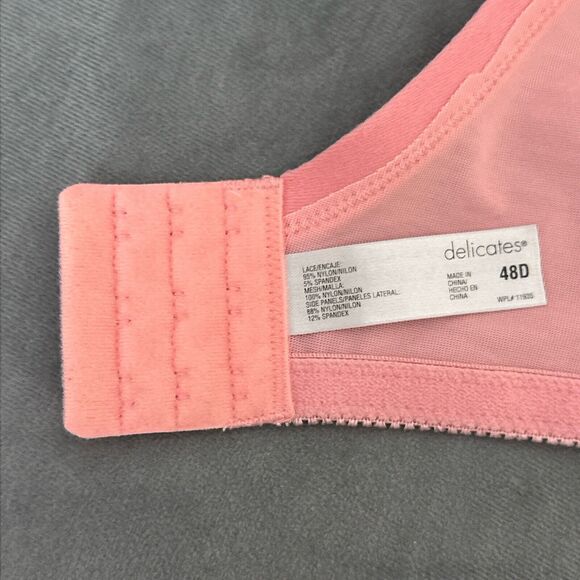 Vintage Delicates Size 48D Bra Unlined Sling Style Wire Free Melon Pink Lace - Picture 7 of 8